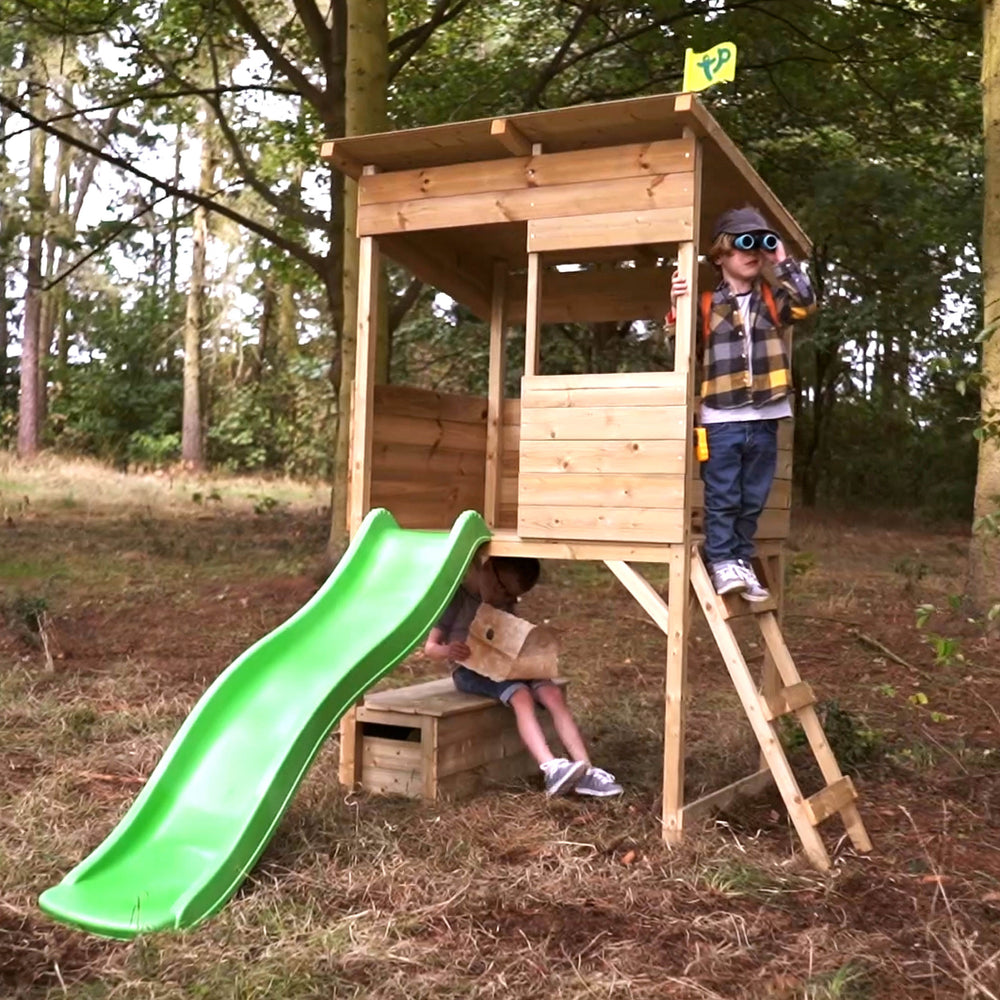  Kids playing in Treetops wooden tower playhouse 