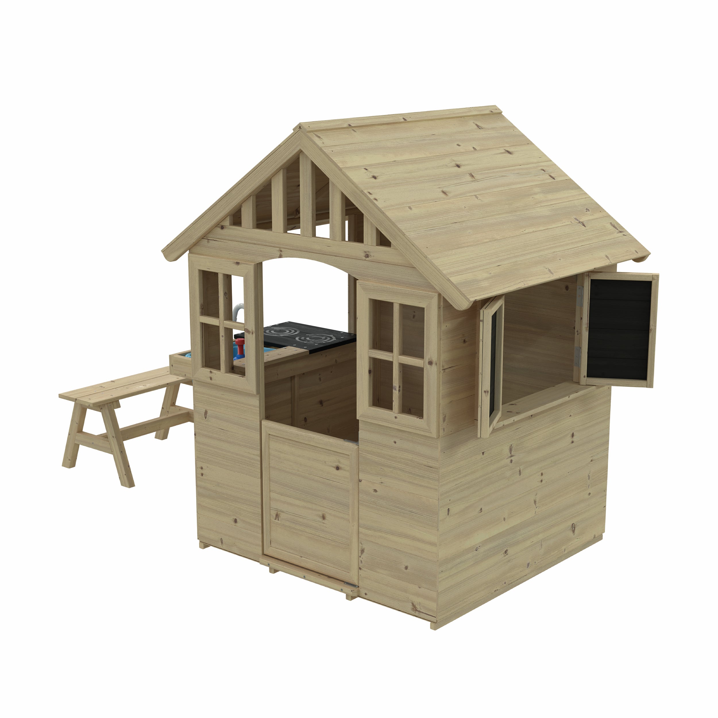 Dandelion Cottage Playhouse with Mud Kitchen, Table & Bench and Sh