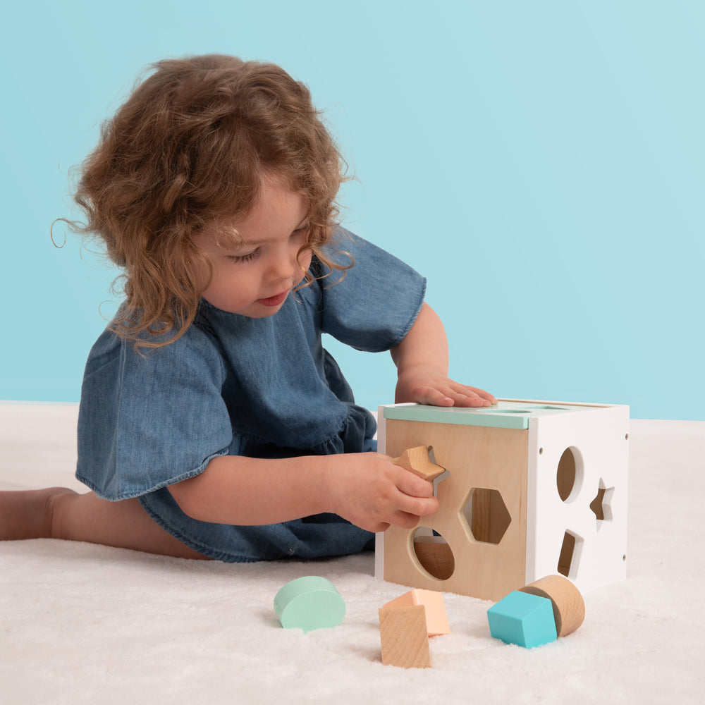 Child playing with wooden shape sorter