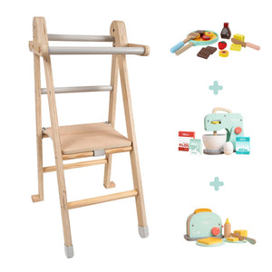 Kitchen Helpers Play Set - TP Active-Tots Pikler Style Wooden Folding Helper Tower With Owl & Fox Wooden Baking Set, Pancake Set & Toaster - FSC® certified