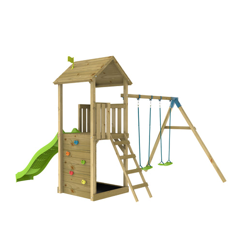 TP Skywood Wooden Play Tower with Ripple Slide & Double Swing Arm - FSC® certified