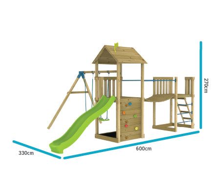 TP Skywood Wooden Play Tower with Ripple Slide, Sky Bridge, Mini Tower & Double Swing Arm - FSC® certified