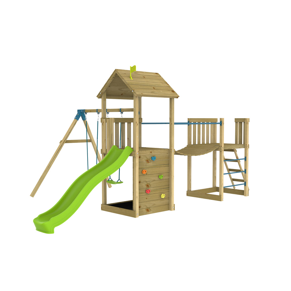 TP Skywood Wooden Play Tower with Ripple Slide, Sky Bridge, Mini Tower & Double Swing Arm - FSC® certified