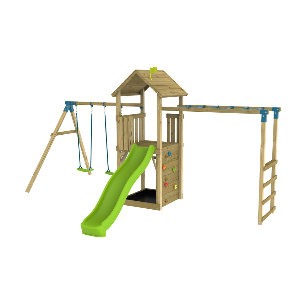 TP Skywood Wooden Play Tower with Ripple Slide, Monkey Bars & Double Swing Arm - FSC® certified