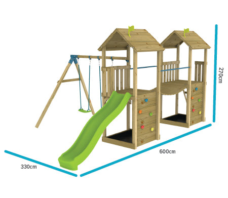 TP Skywood Wooden Play Tower with Ripple Slide, Sky Bridge, Additional Play Tower & Double Swing Arm - FSC® certified