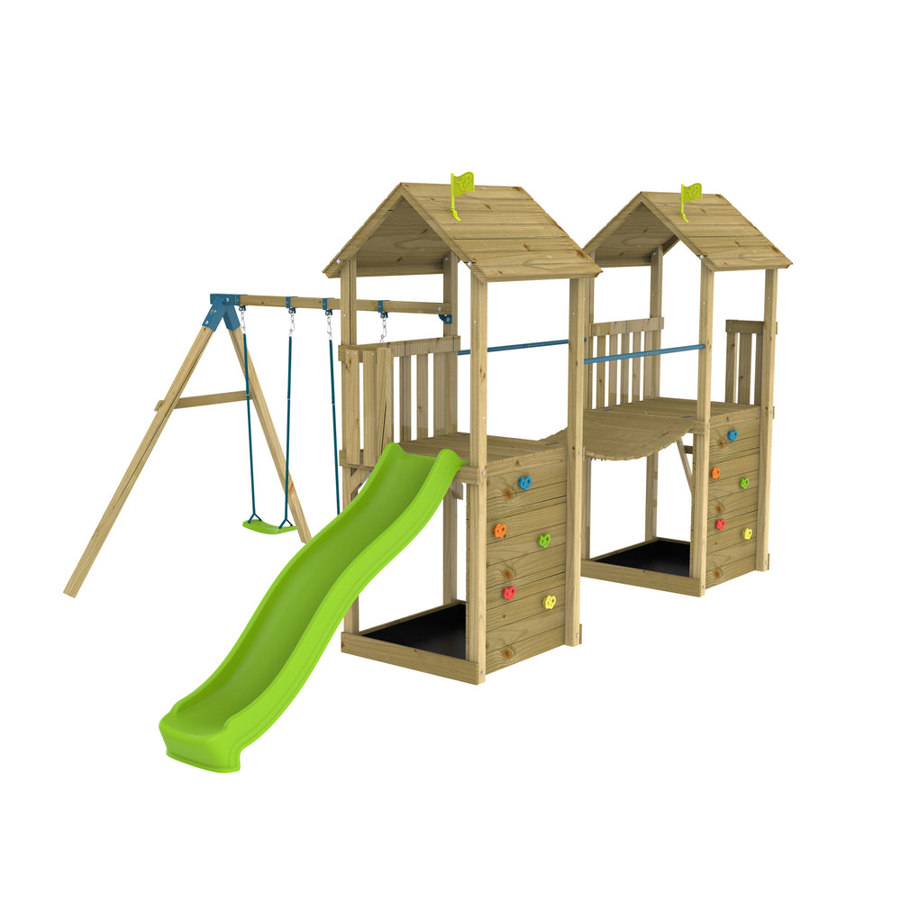 TP Skywood Wooden Play Tower with Ripple Slide, Sky Bridge, Additional Play Tower & Double Swing Arm - FSC® certified