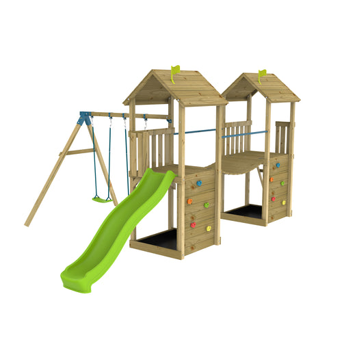 TP Skywood Wooden Play Tower with Ripple Slide, Sky Bridge, Additional Play Tower & Double Swing Arm - FSC® certified