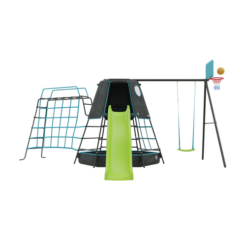 Explorer Metal Climbing Frame Black Edition, Ripple Slide, Swing Arm, Monkey Bridge & Basketball Hoop